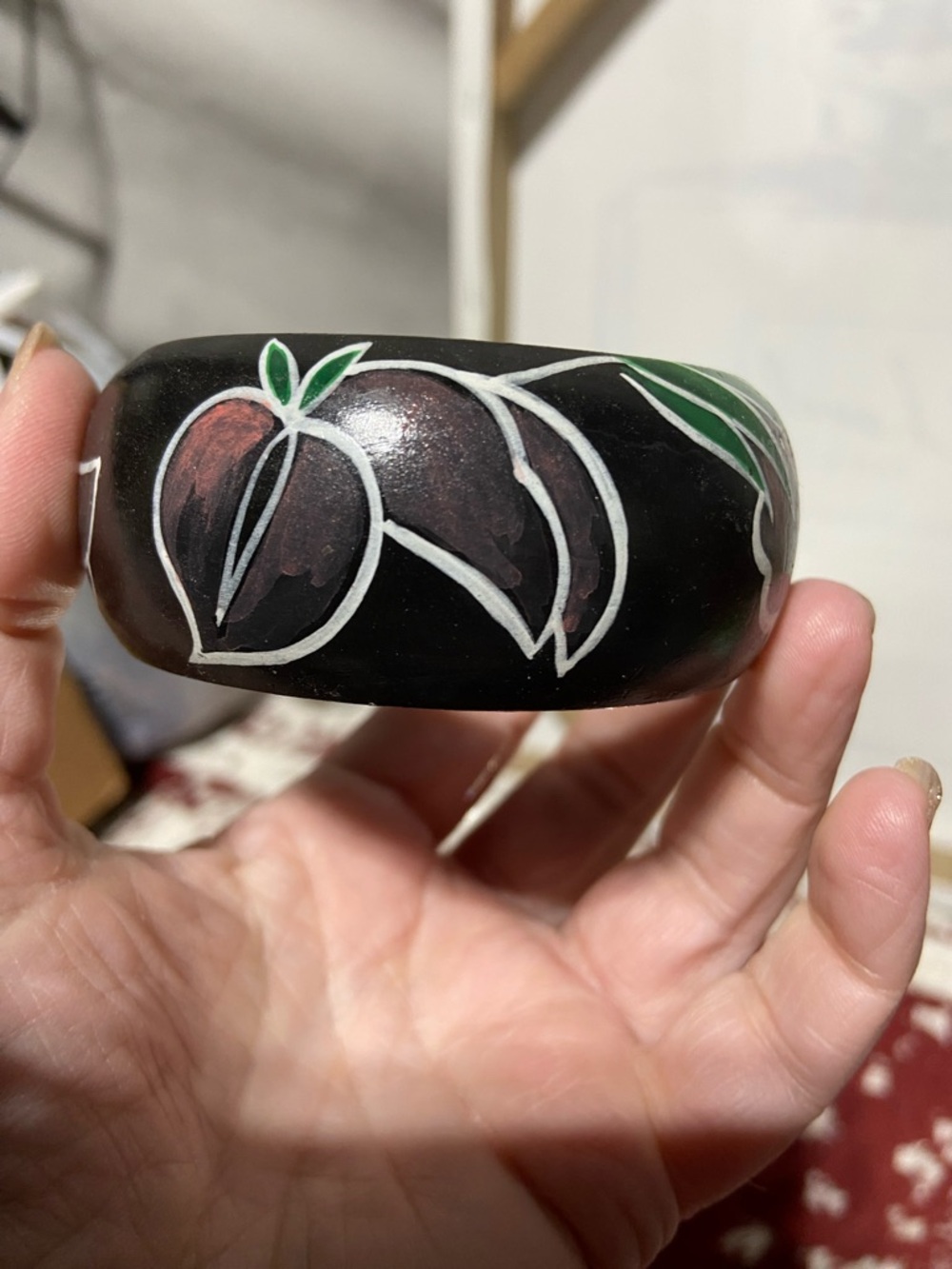 Vintage Painted Wood Bangle Bracelet Black Floral Chunky - Picture 5 of 8